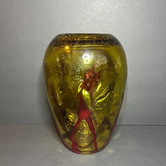 Vintage Murano Style Retro Amber & Red Hand Blown Abstract Bubble Vase 7.75" - Picture 2 of 7